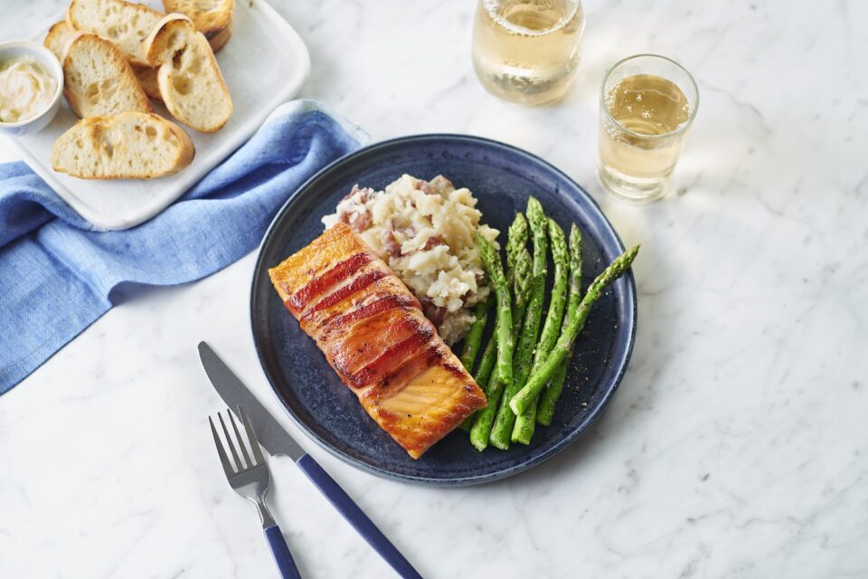 Bacon Wrapped Salmon with Smashed Potatoes