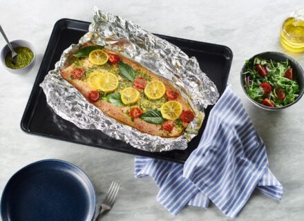 Whole Salmon Fillet Baked In Foil with Meyer Lemon and Pesto