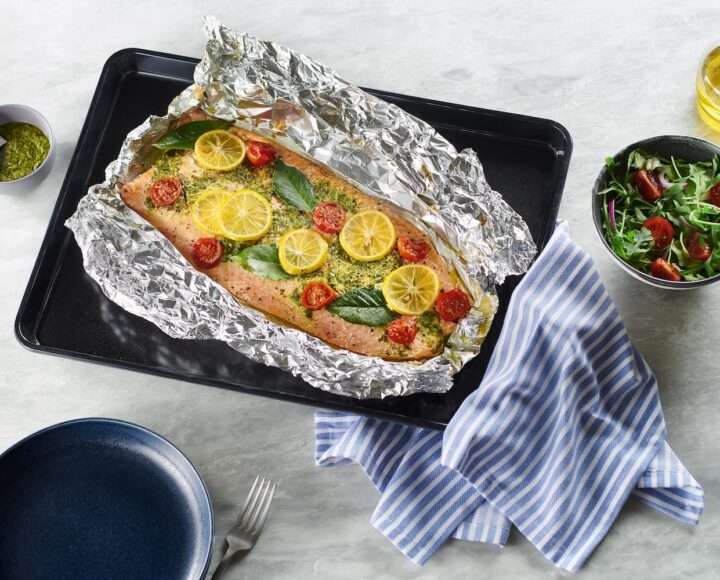 Whole Salmon Fillet Baked In Foil with Meyer Lemon and Pesto