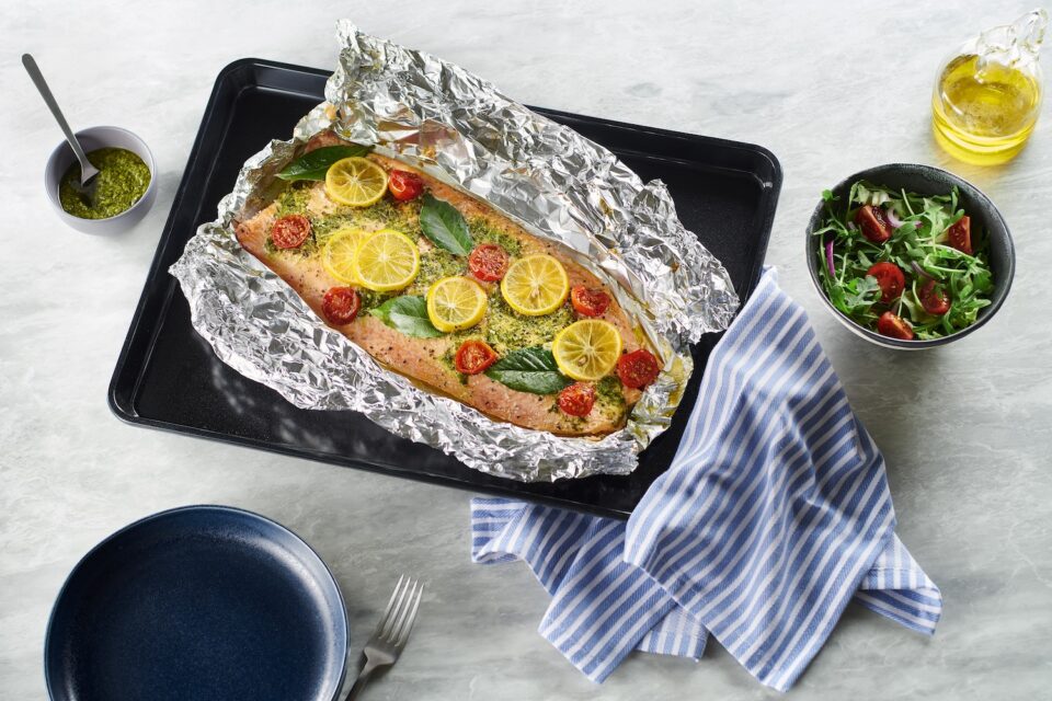 Whole Salmon Fillet Baked In Foil with Meyer Lemon and Pesto