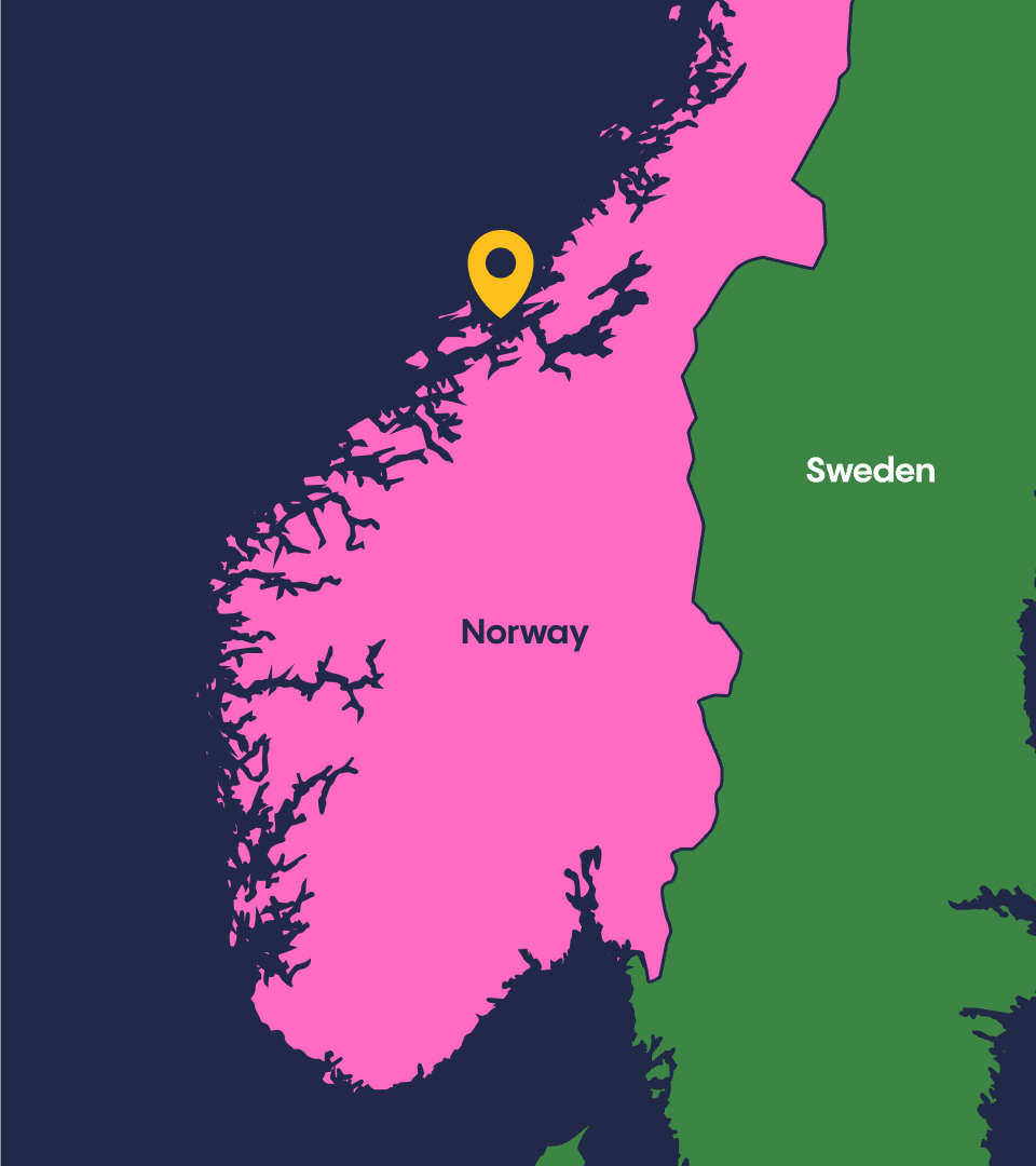 Map of Norway and Sweden. A pin drop is located off the coast of Norway