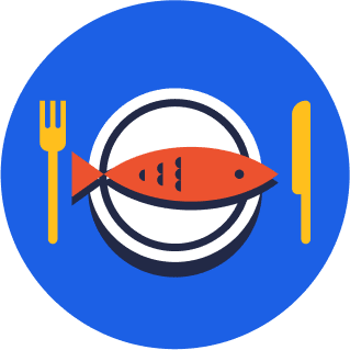 Fish icon on a plate with a fork and knife