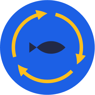 Fish icon with arrows going in cycles around the shrimp