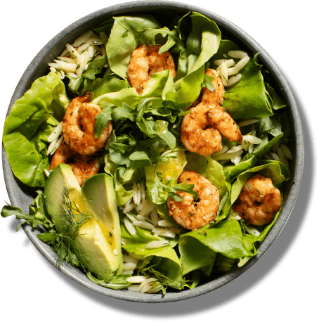 Overview of shrimp in a salad