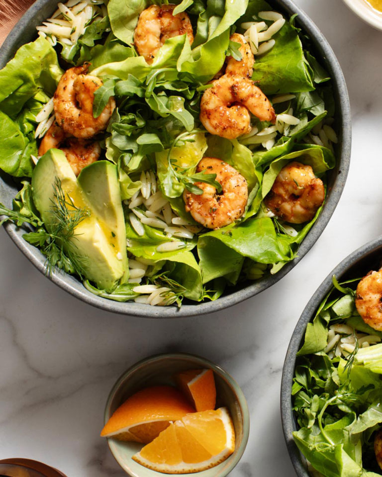 Overview of shrimp in a salad