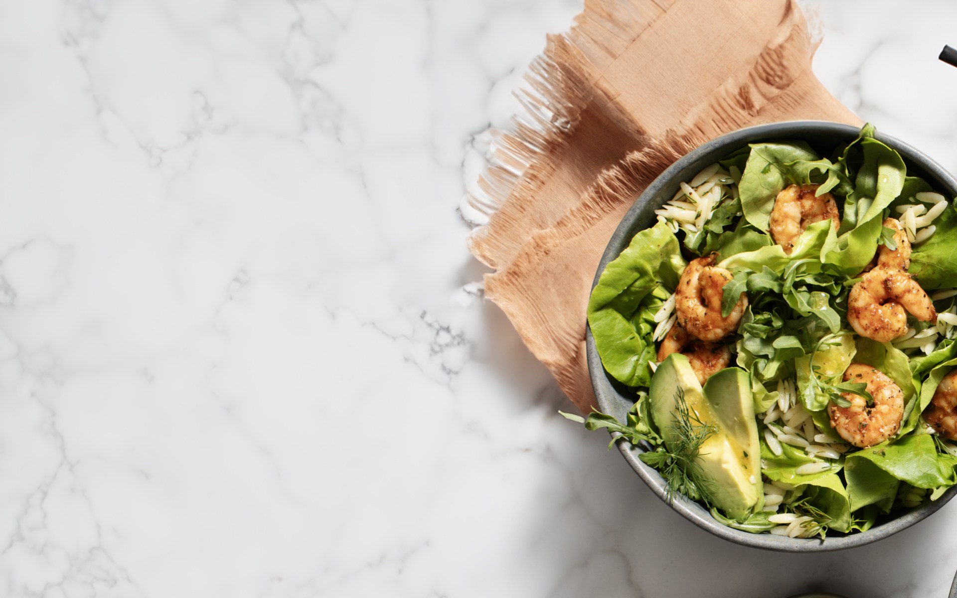 Overhead of shrimp in a salad