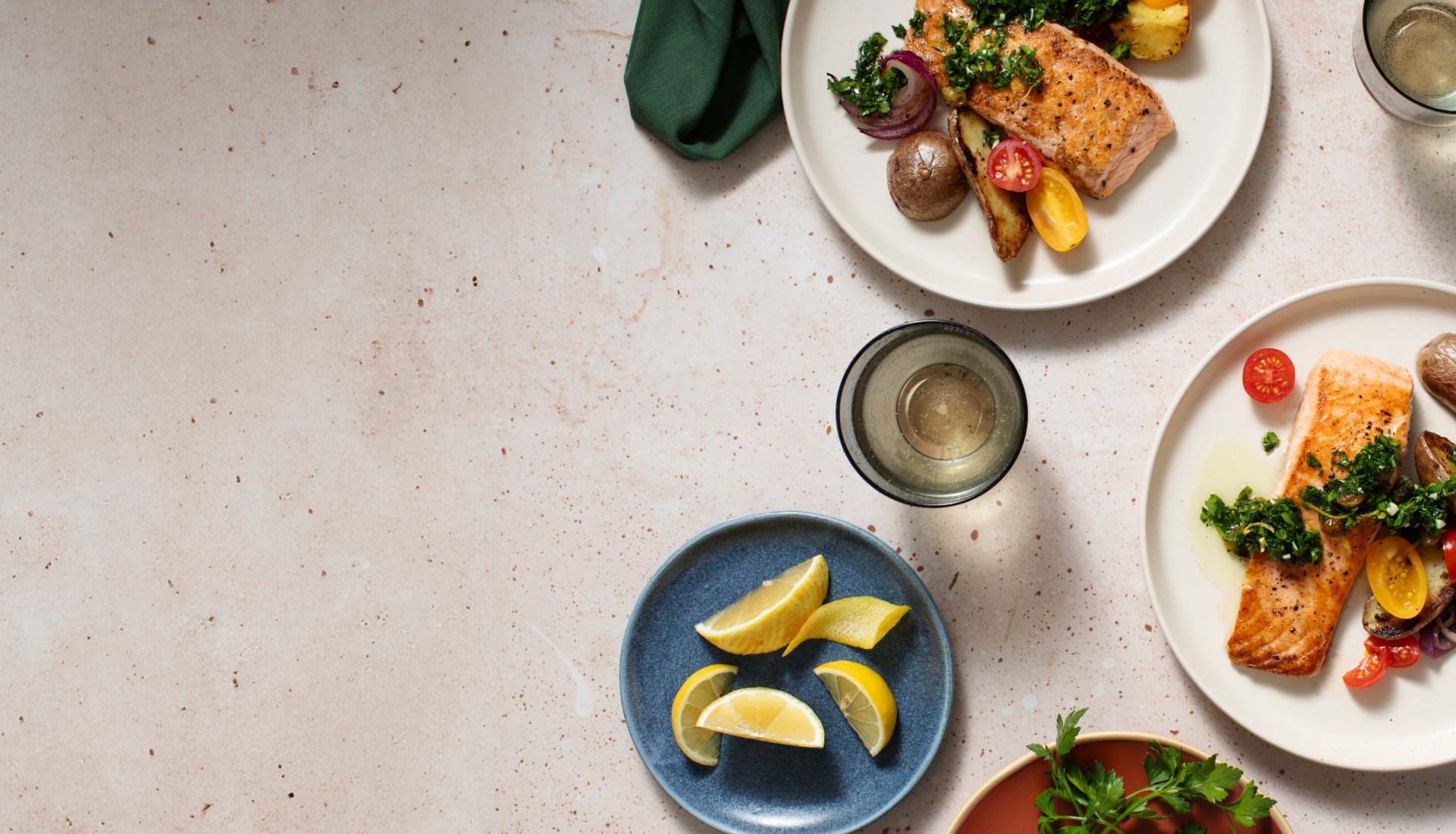 Overhead of salmon on plates